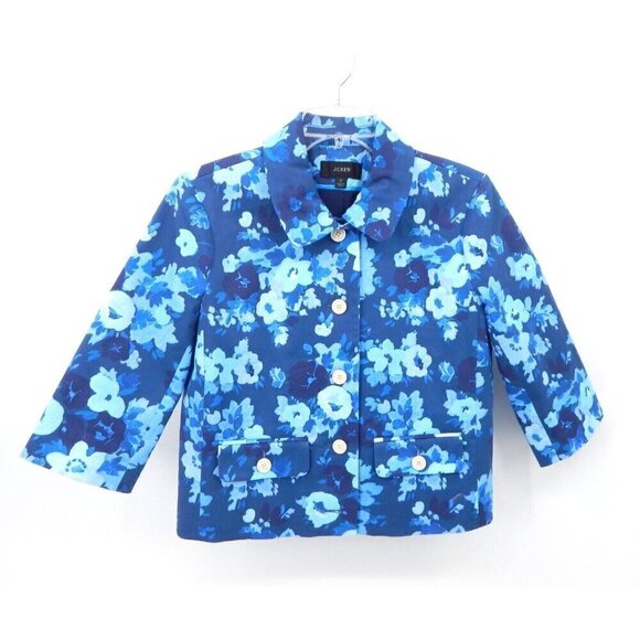 J CREW jacket blazer cropped cotton stretch floral 3/4 sleeve business blue 2 - Picture 1 of 9